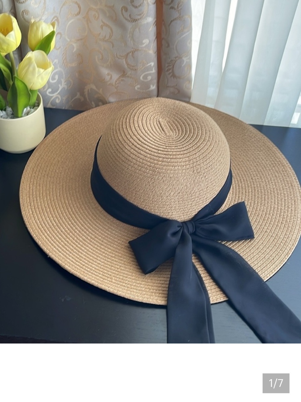 Haute Hippie Natural Straw Sun Hat with Black Ribbon Bow